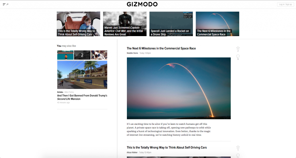homepage of Gizmodo.com